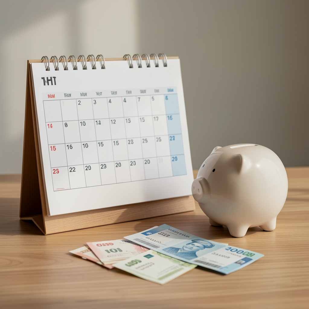 Calendario con aportes progresivos de ahorro junto a una alcancía y recibos domésticos argentinos