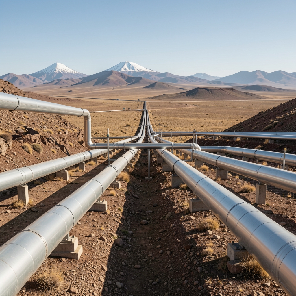 Sistema de ductos de transporte de gas natural atravesando la meseta patagónica argentina