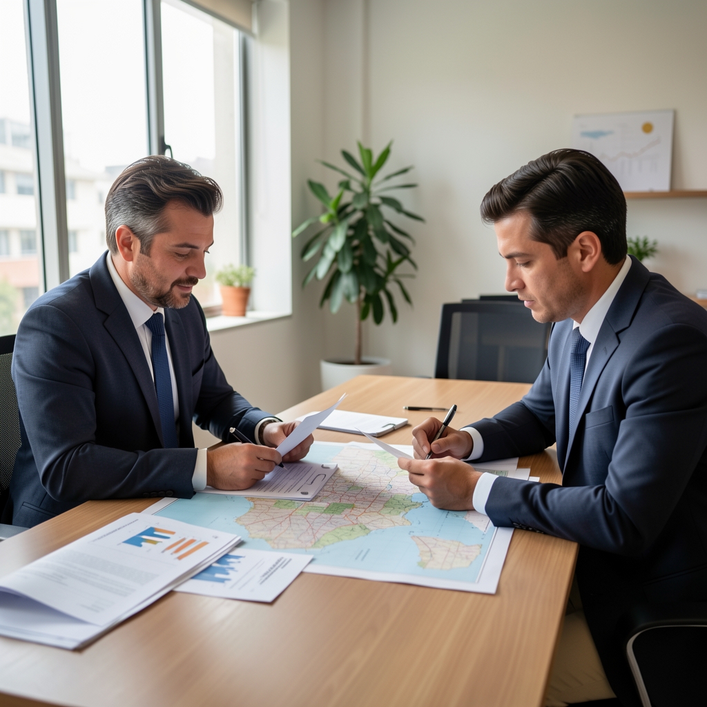 Equipo editorial argentino revisando informes económicos y mapas energéticos en una sala luminosa