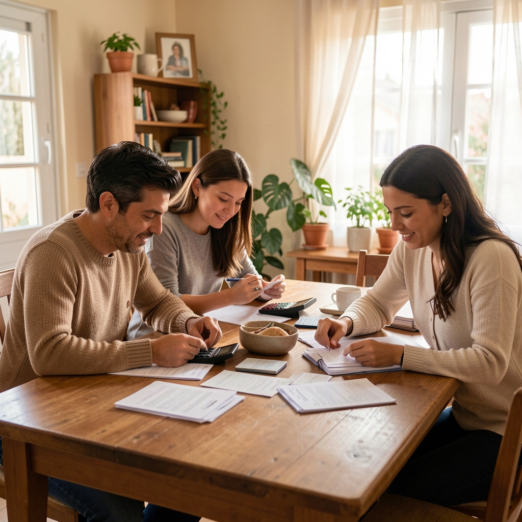 Familia argentina revisando cuentas domésticas y recibos sobre la mesa del comedor