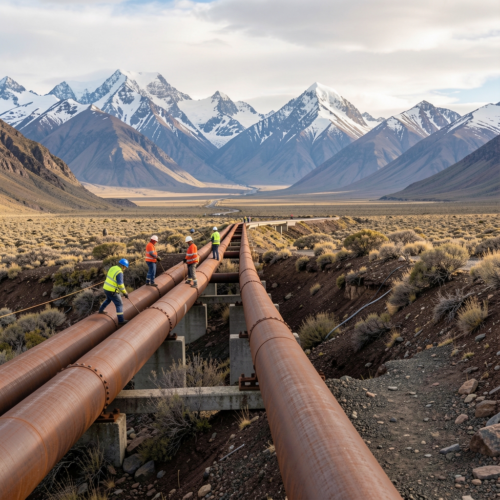 Gasoducto de acero atravesando paisaje patagónico con técnicos y montañas al fondo