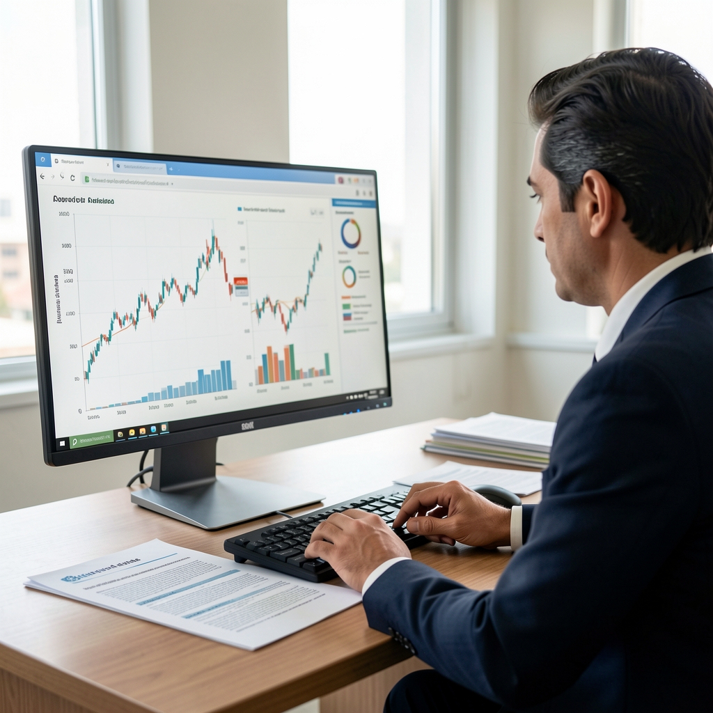 Analista estudiando gráficos de actividad económica argentina en un monitor junto a informes impresos