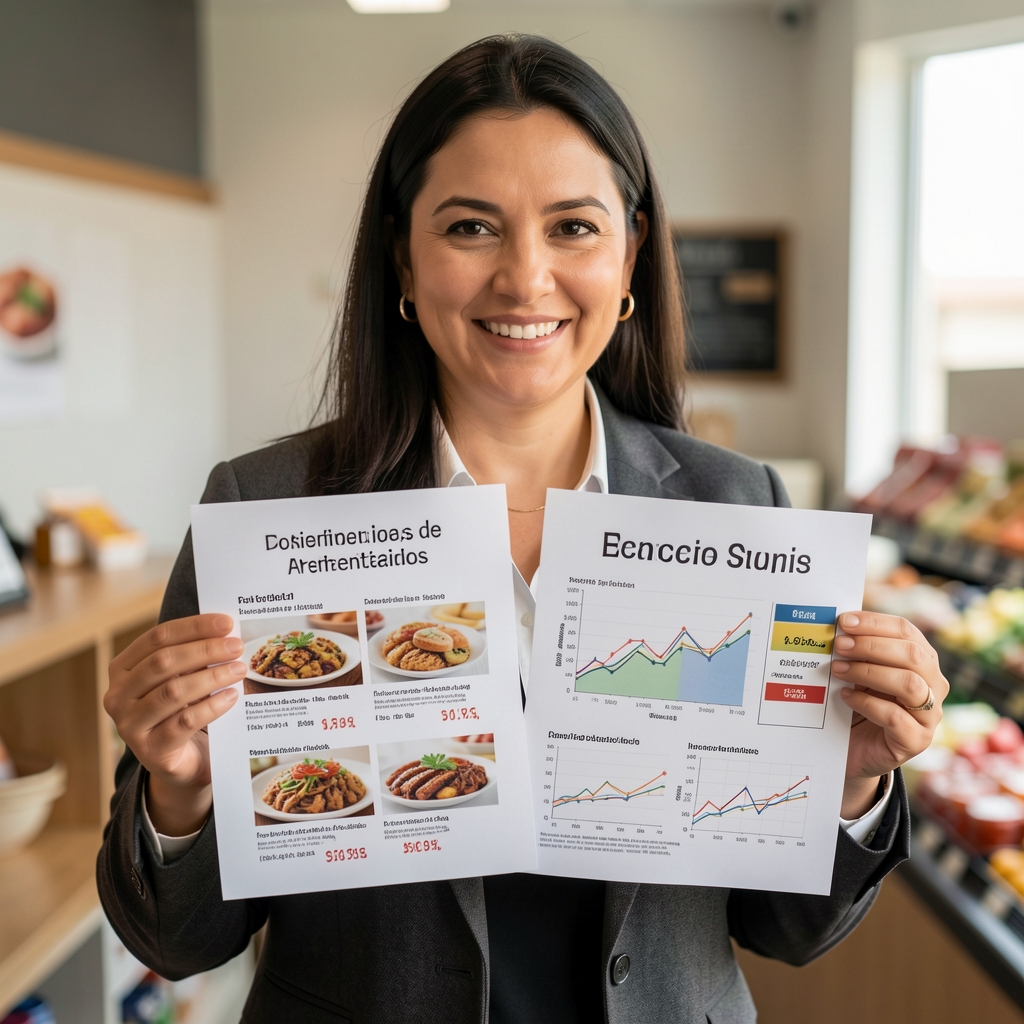 Persona comparando precios de alimentos argentinos con notas y gráficos impresos