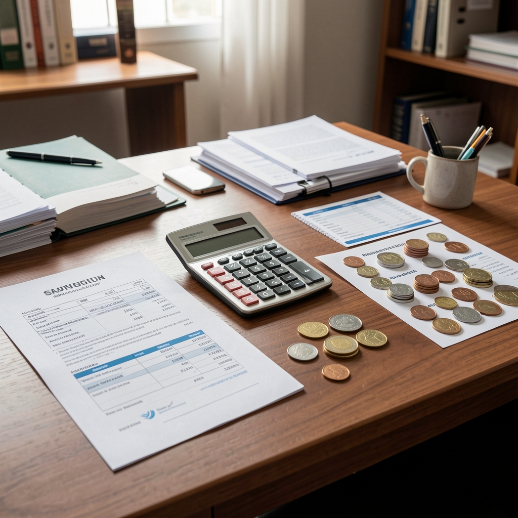 Escritorio argentino con documentos financieros calculadora y monedas ordenadas por categorías
