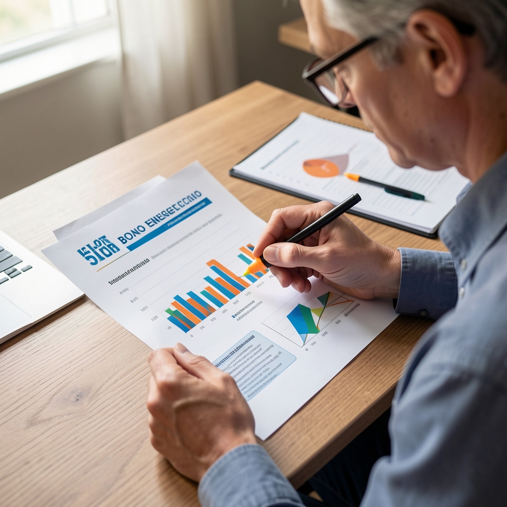 Lector revisando un prospecto de bono energético con resaltador y gráficos sobre una mesa