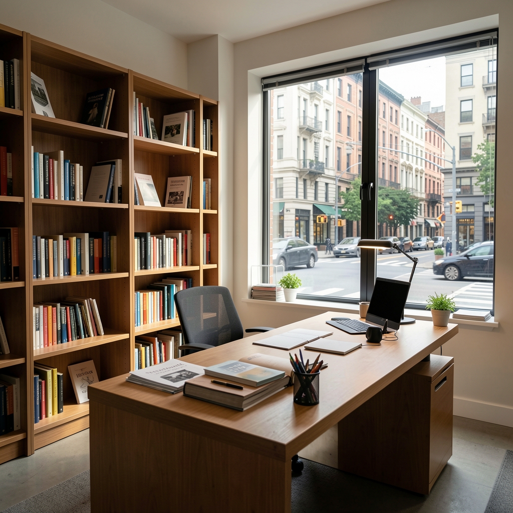 Oficina editorial en Buenos Aires con escritorio, biblioteca y ventana hacia una avenida urbana