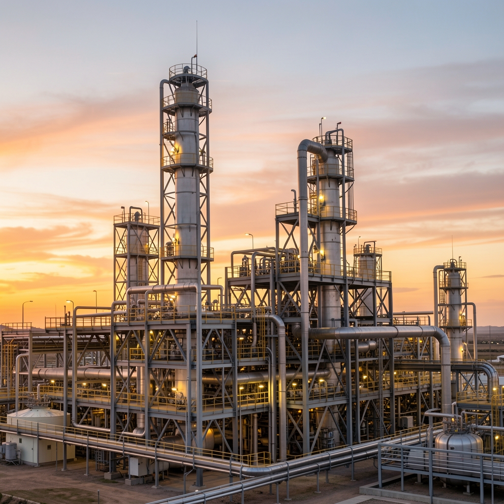 Planta de procesamiento de gas natural con estructuras metálicas iluminadas al atardecer en Argentina