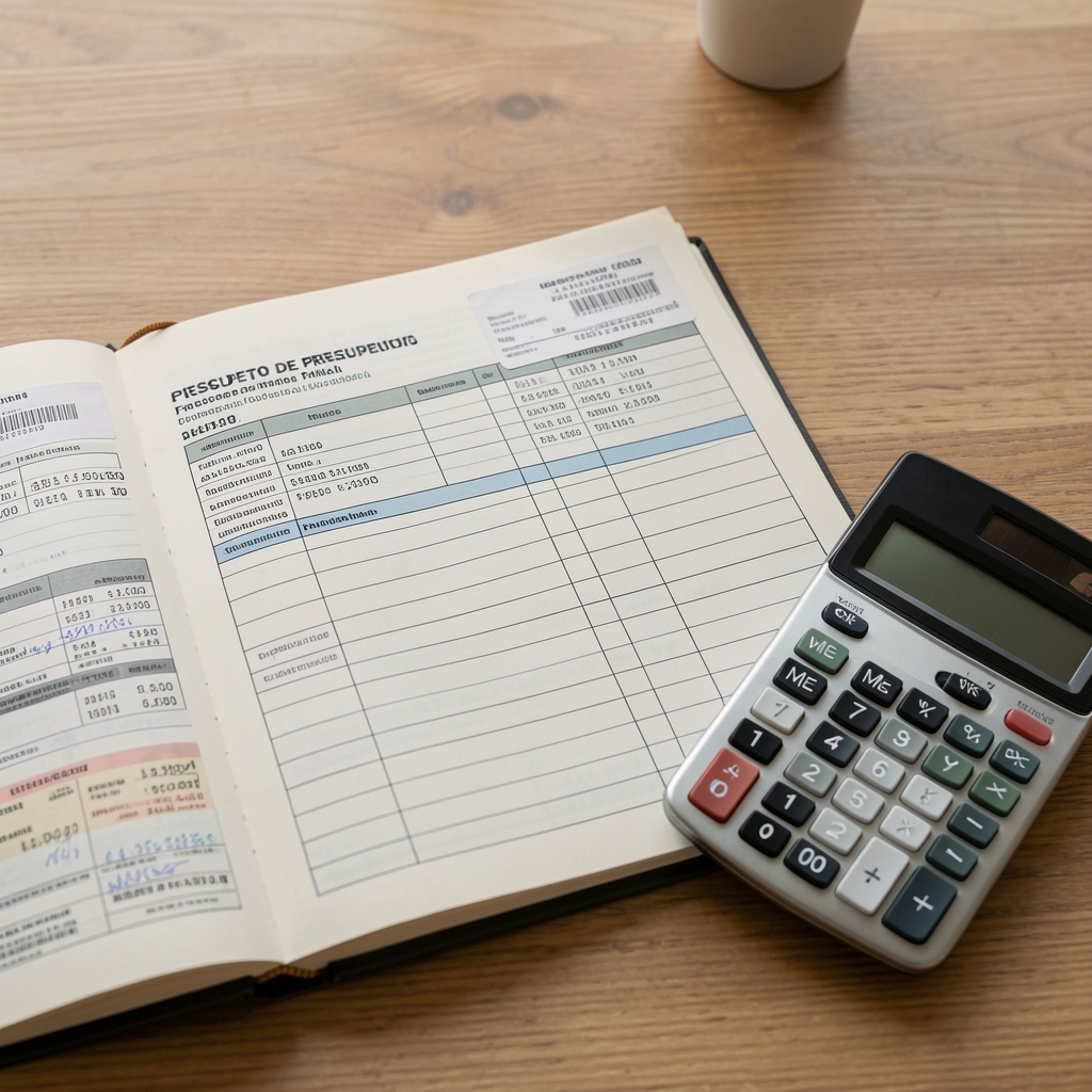 Cuaderno de presupuesto familiar argentino con recibos de servicios y una calculadora