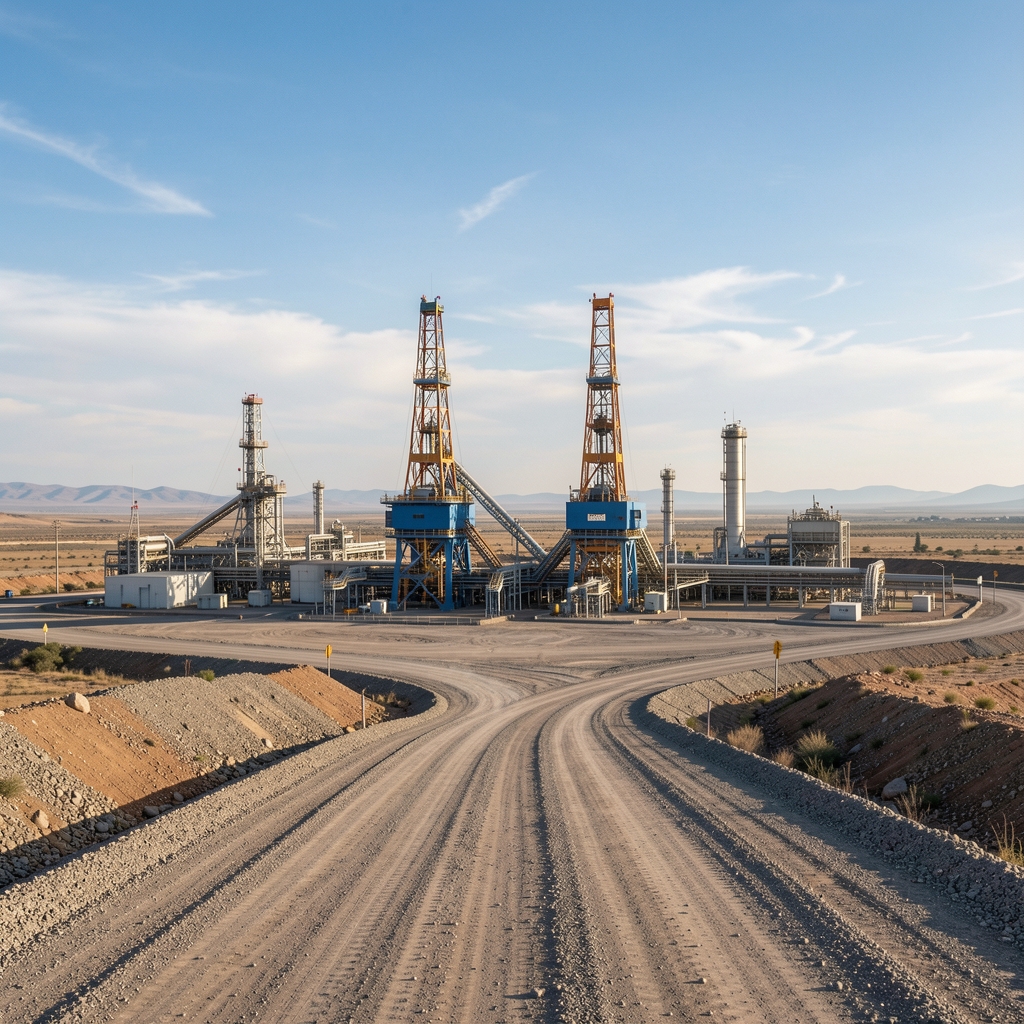 Torres de perforación y camino de ripio en una cuenca petrolera argentina bajo cielo amplio
