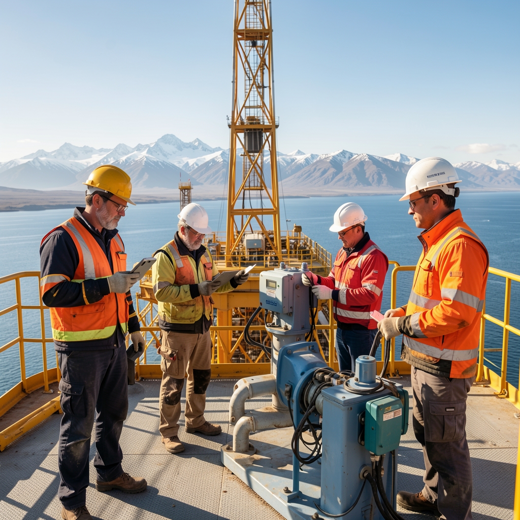 Trabajadores con cascos revisando equipos en una plataforma energética de la Patagonia argentina